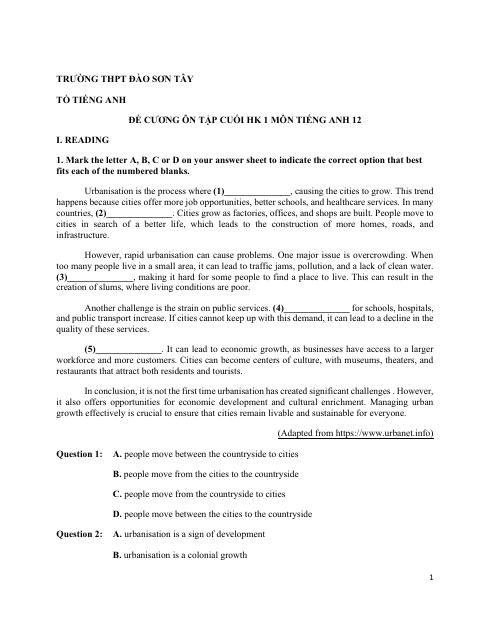 Đề cương ôn tập Học kì 1 Tiếng Anh 12 năm 2024–2025 trường THPT Đào Sơn Tây (TP Hồ Chí Minh)